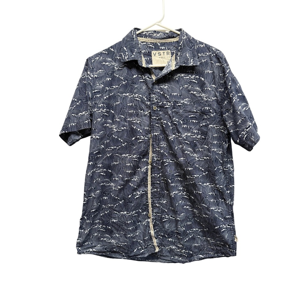VSTR Premium Mens Navy Blue Great Wave Print Cotton Button Down Shirt Size M